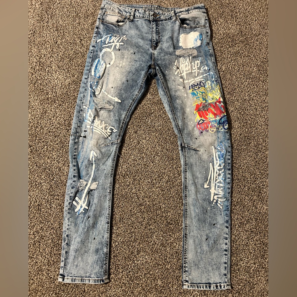 Men’s Hydraulic 3d technology arc graffiti skinny jeans